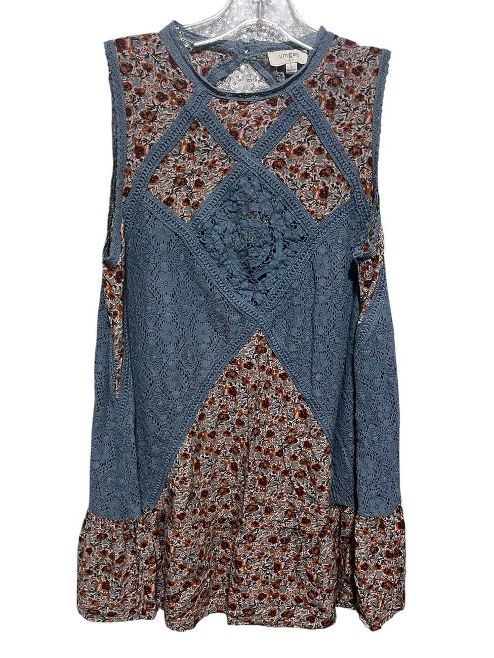 Umgee Blue Lace & Floral Sleeveless Peasant Top - Picture 2 of 6